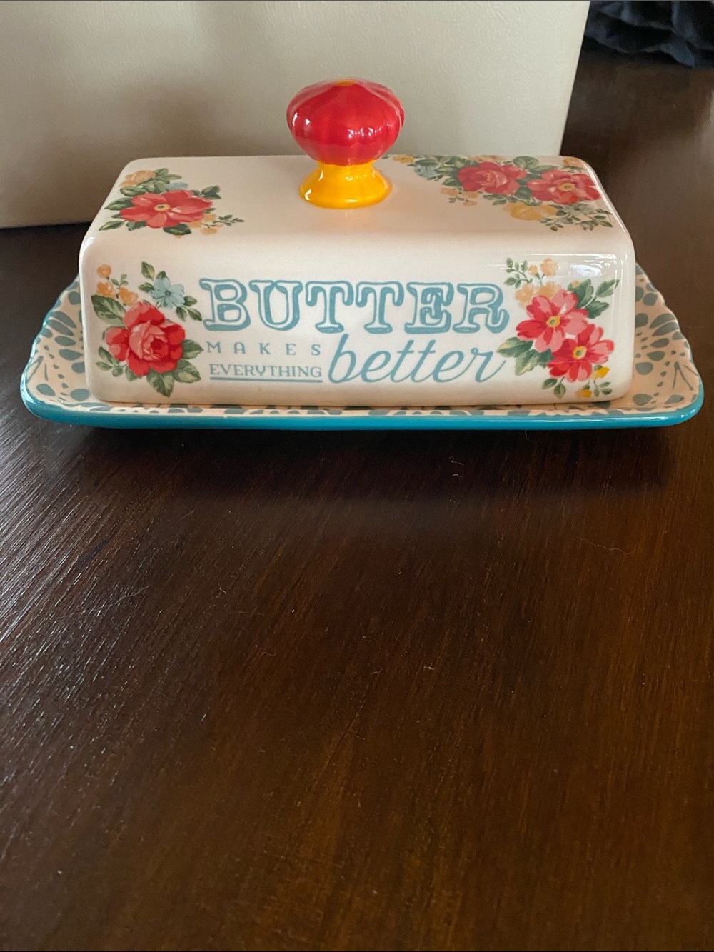 $19-Pioneer Woman Butter Dish - Floral Ceramic Butter Holder with red knob